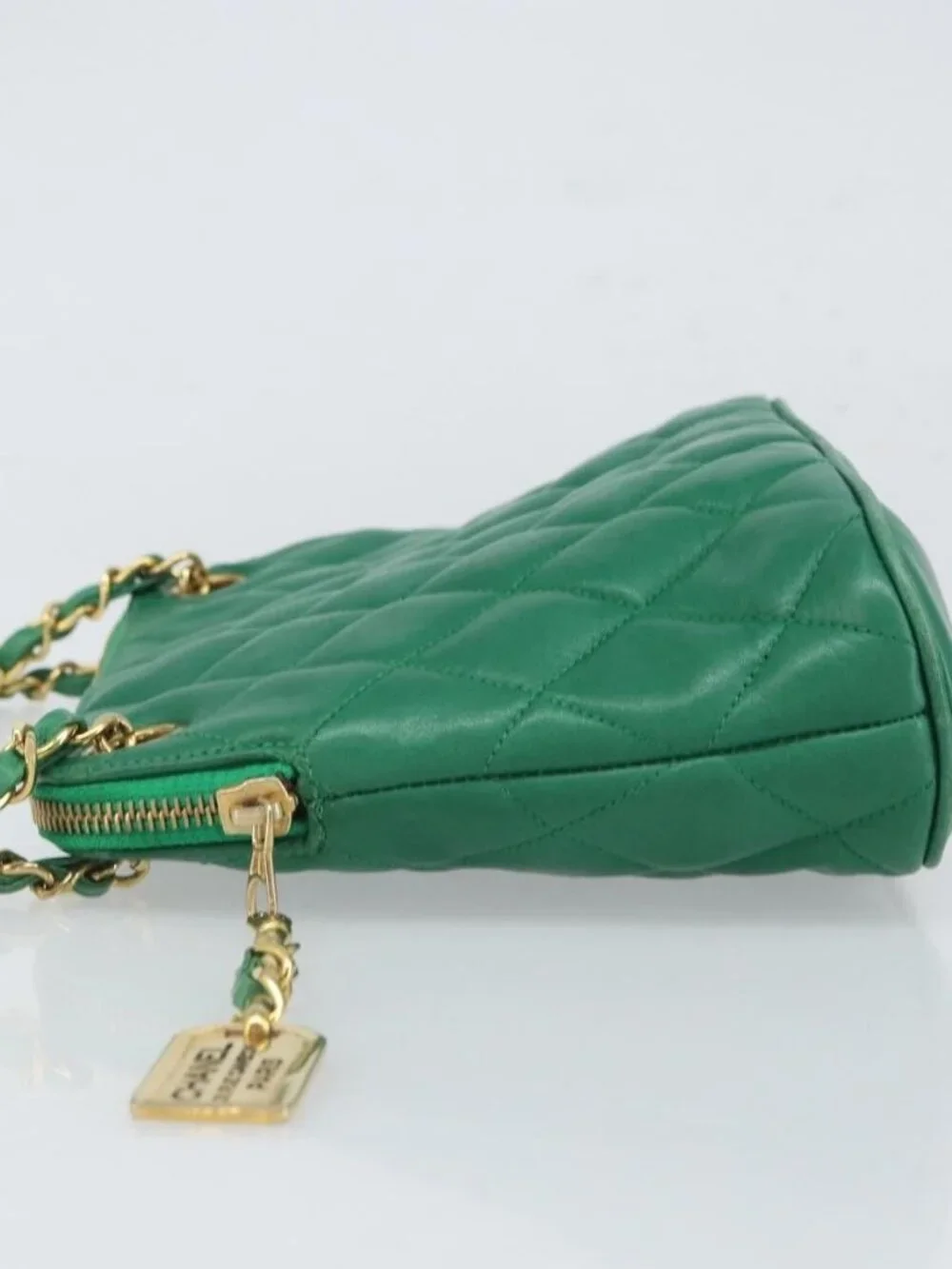 CHANEL Matelasse Chain Shoulder Bag Satin Green Gold CC Auth 168432